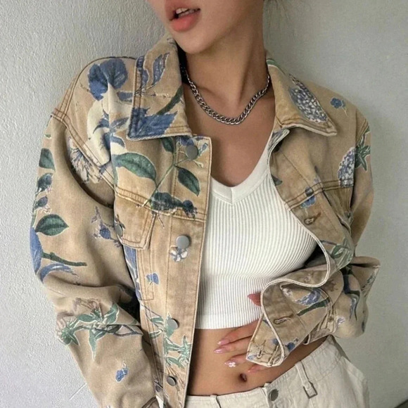 Floral Print Drop Shoulder Denim Jacket - Picture 1 of 14